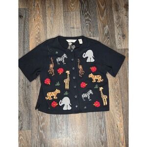 Bechamel Petites Black Safari Animal Embroidered Cardigan Short Sleeve PM Cotton